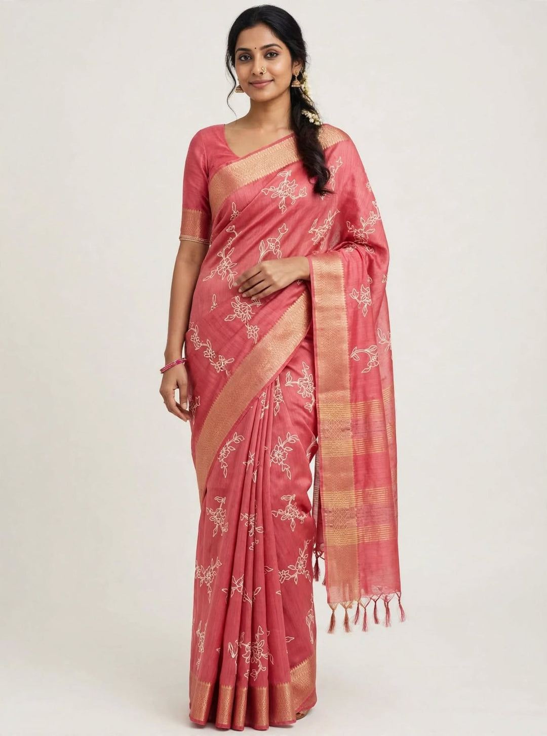 Elegant Rose Pink Floral Saree with Golden Border