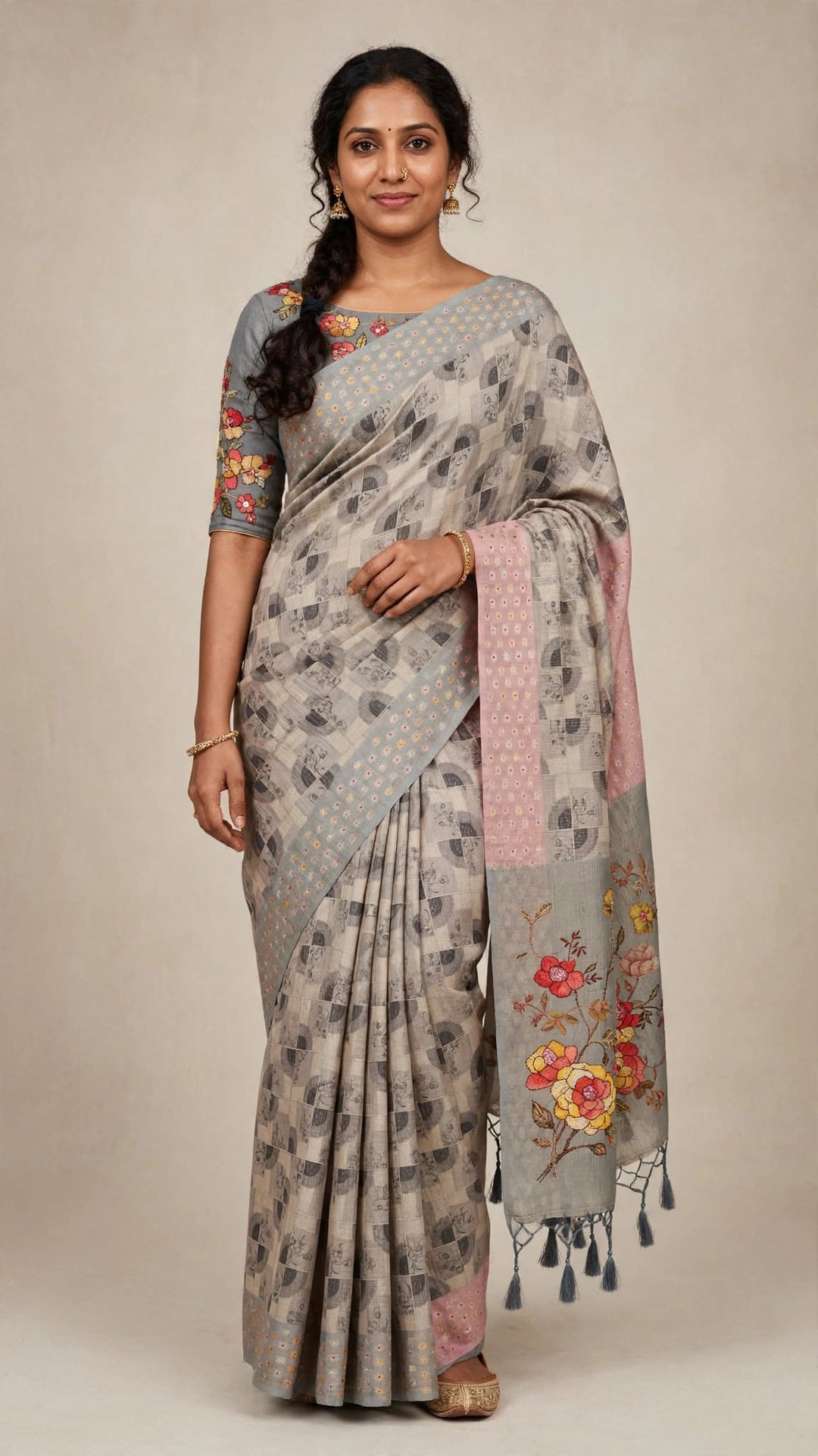 Elegant Grey Floral Printed Saree with Embroidered Pallu