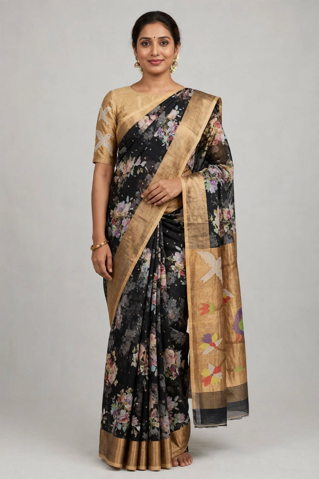 Black Floral Saree with Rich Golden Border