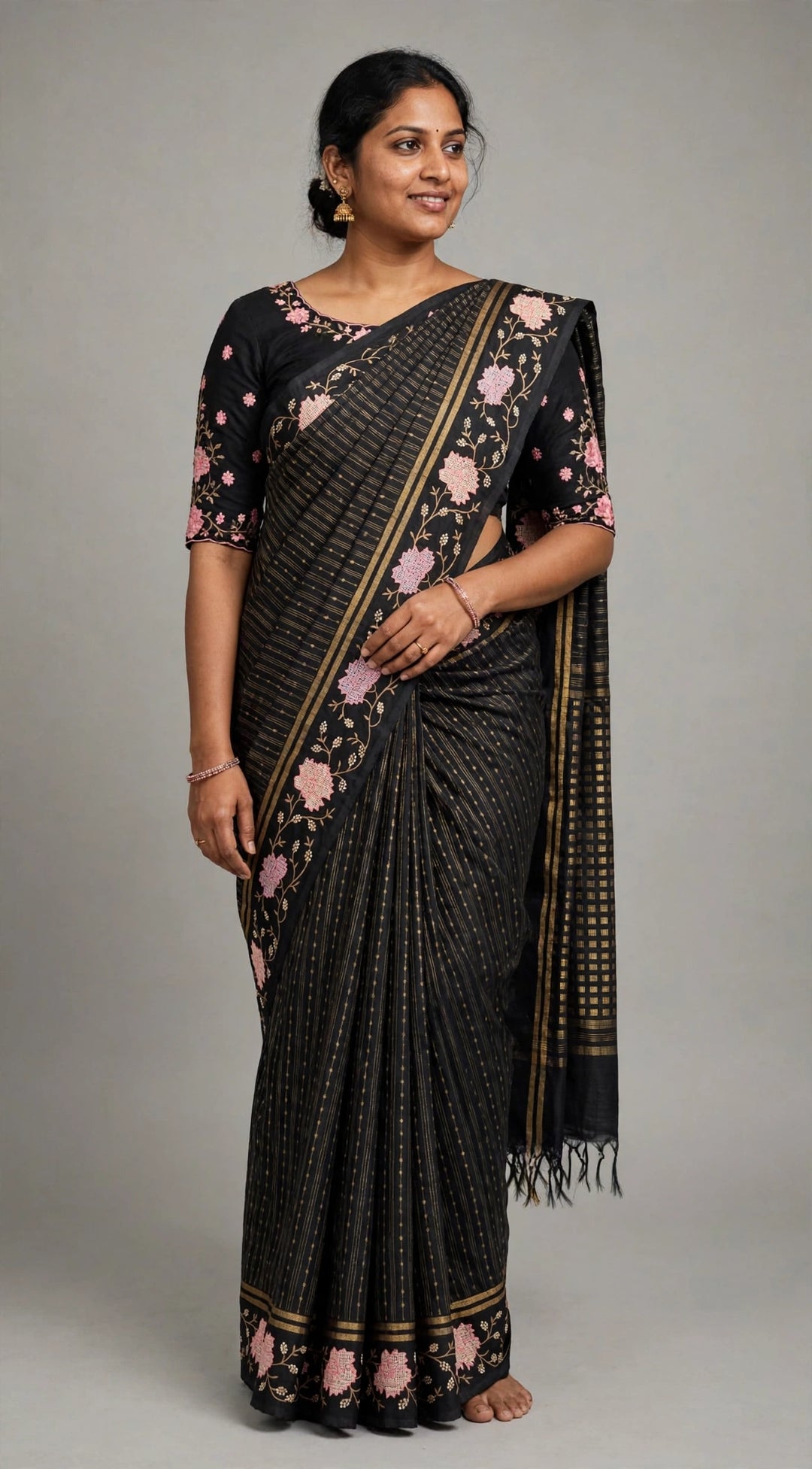 Black Floral Saree with Golden Striped Border