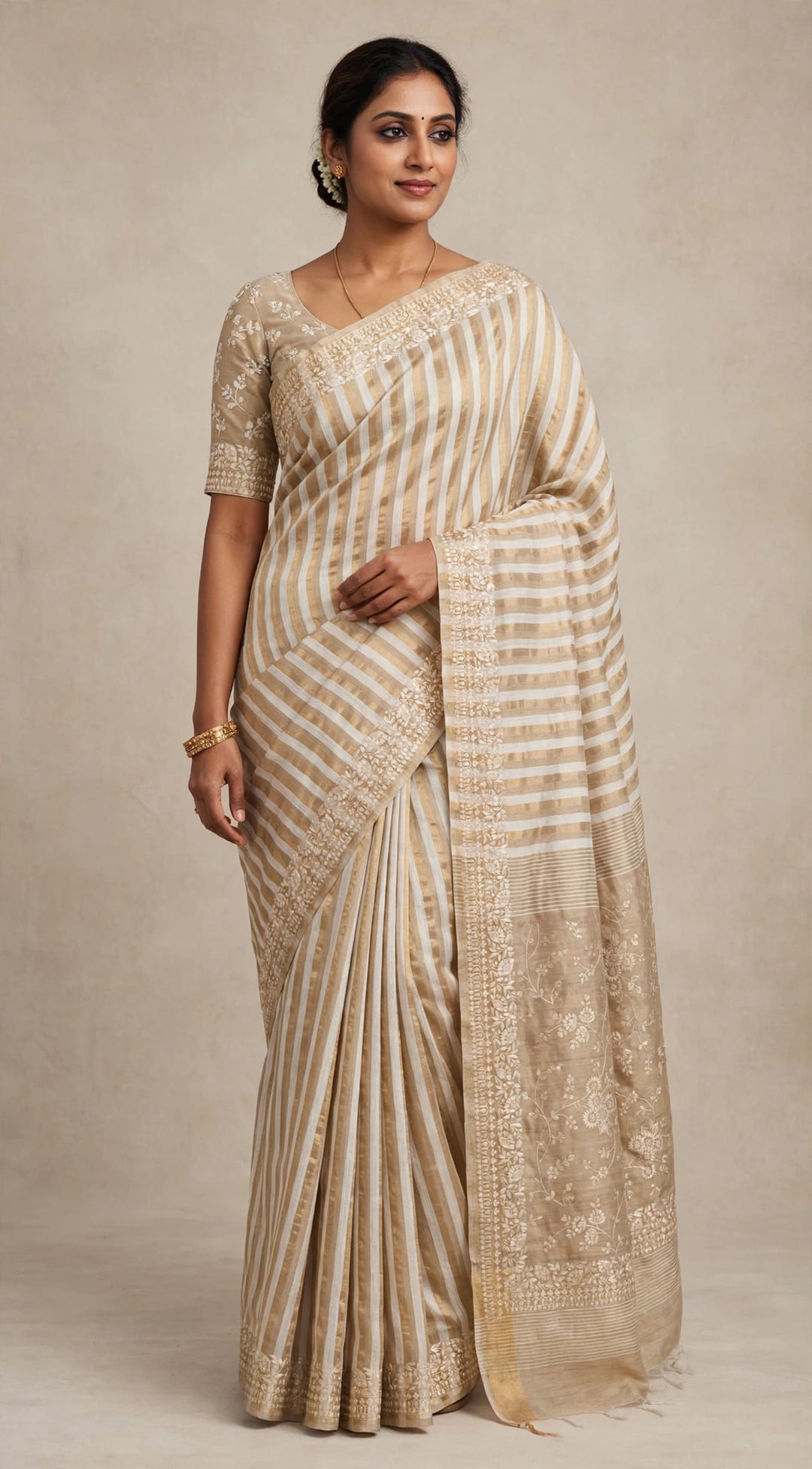 Elegant Beige &amp; Gold Striped Saree with Floral Embroidery