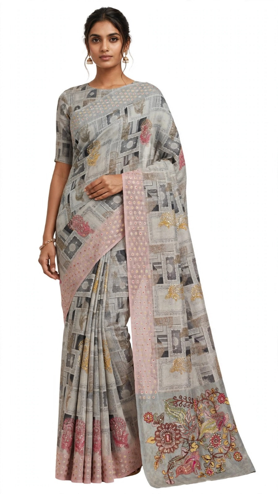 Grey Printed Saree with Pink Embroidery