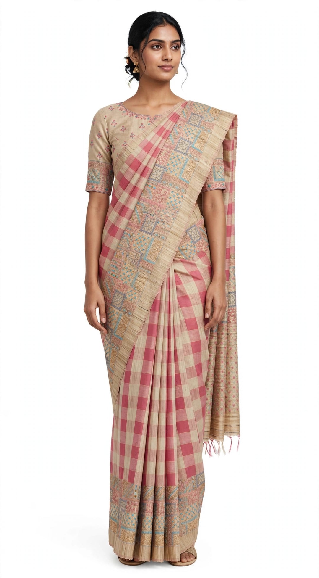 Beige &amp; Pink Checked Designer Saree