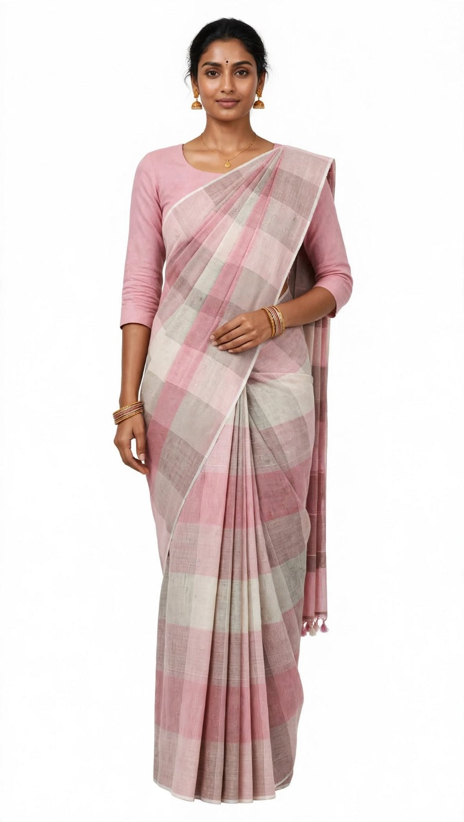 Elegant Blush Pink &amp; White Checkered Saree