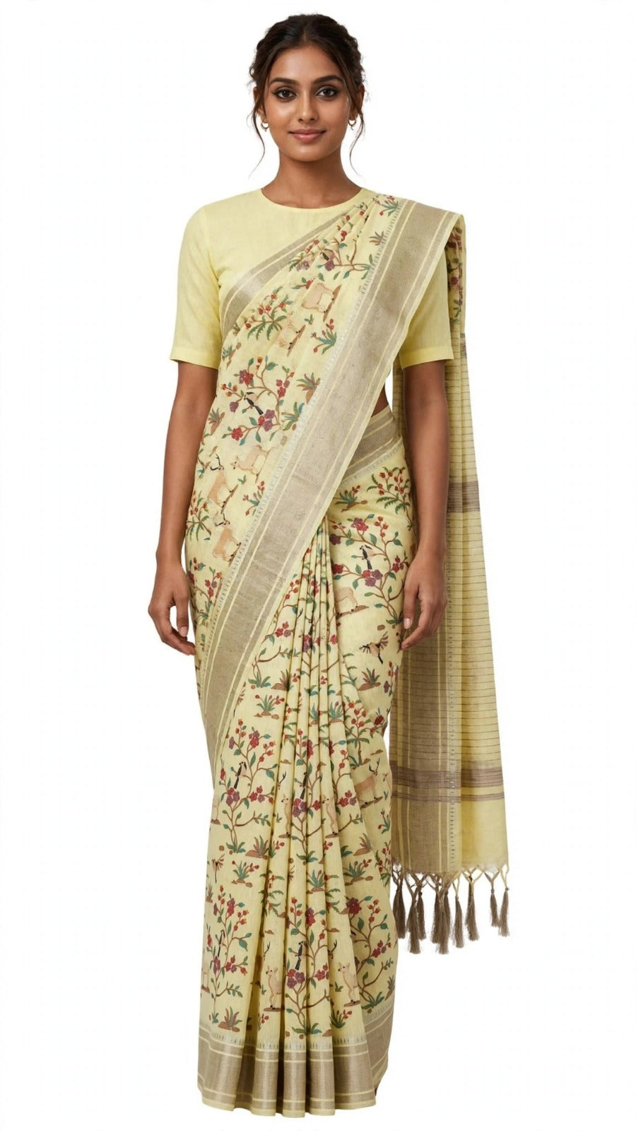 Pastel Yellow Floral Printed Saree