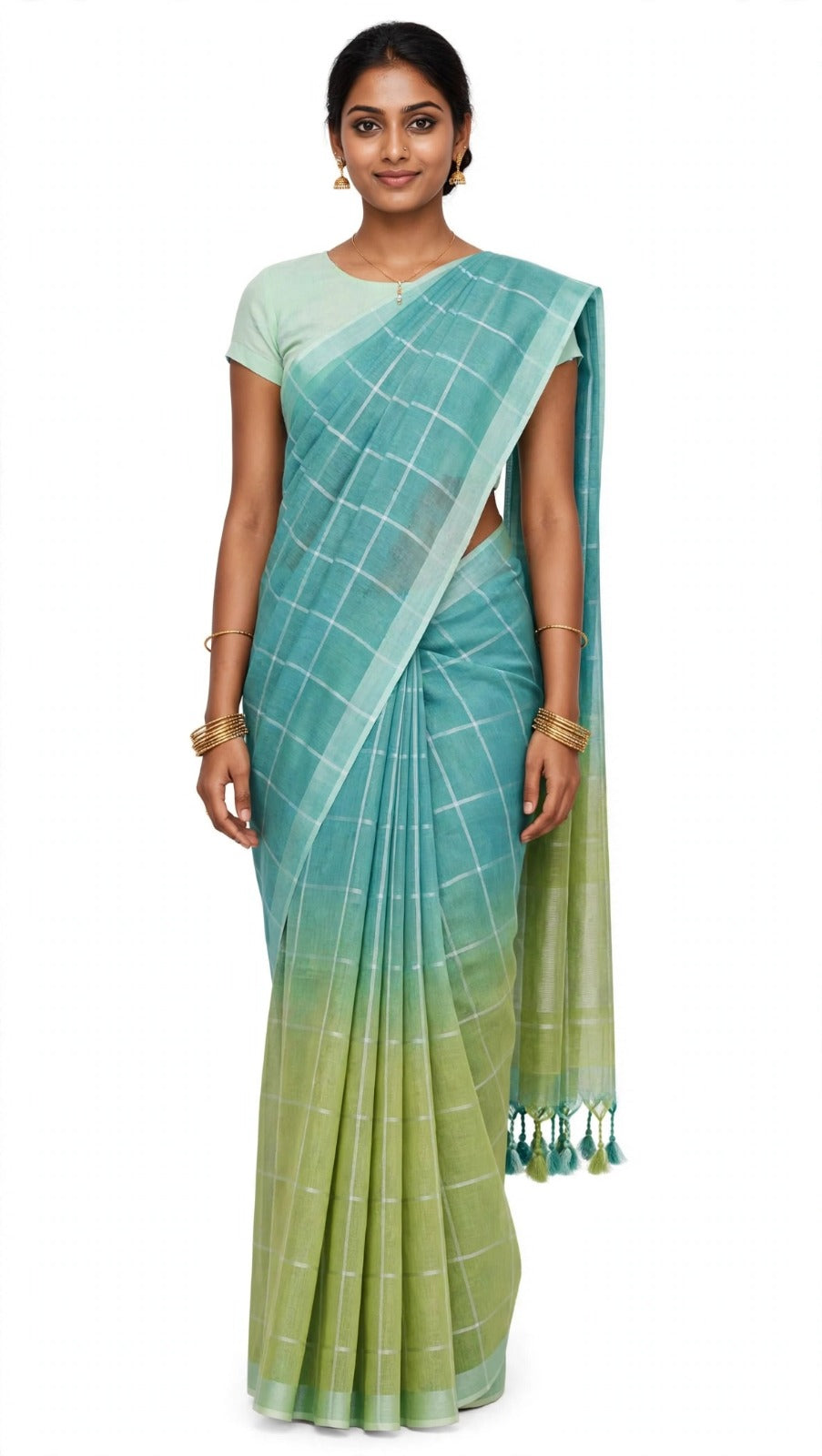 Elegant Aqua Green Checkered Saree