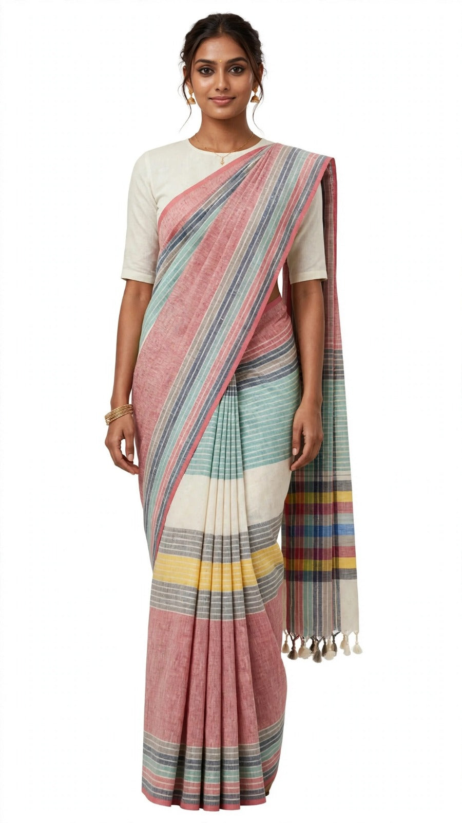 Elegant Pink &amp; Multicolour Striped Saree with Designer Pallu