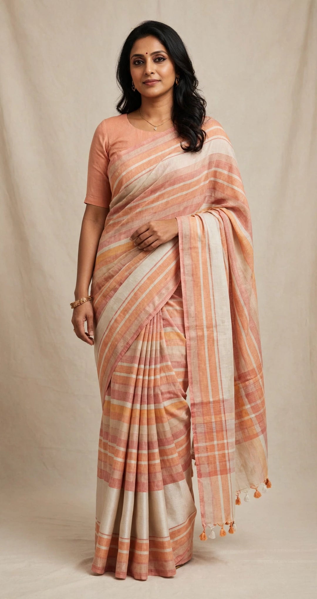 Elegant Peach &amp; Cream Striped Saree with Tassel Pallu
