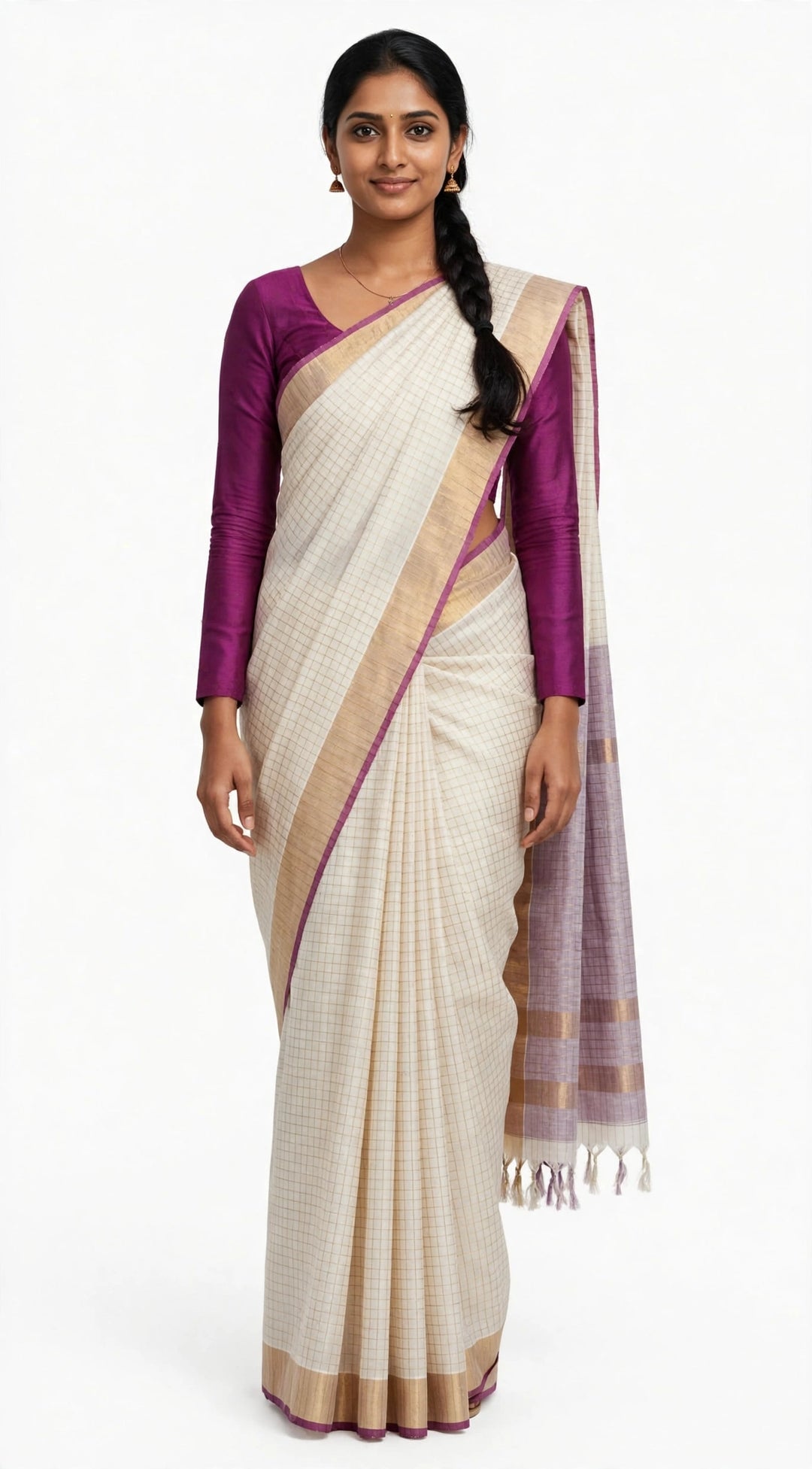 Elegant White Checked Saree with Purple Border