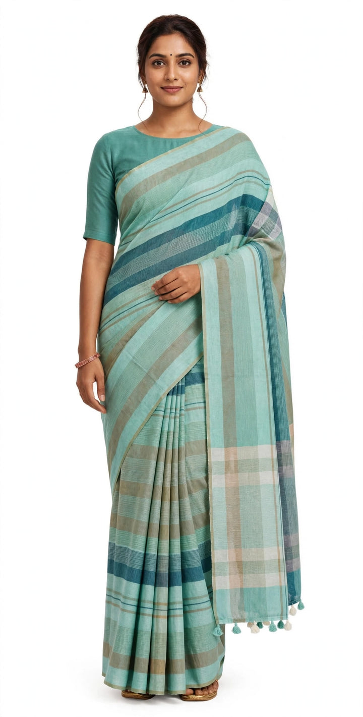 Elegant Aqua Blue Striped Handloom Saree