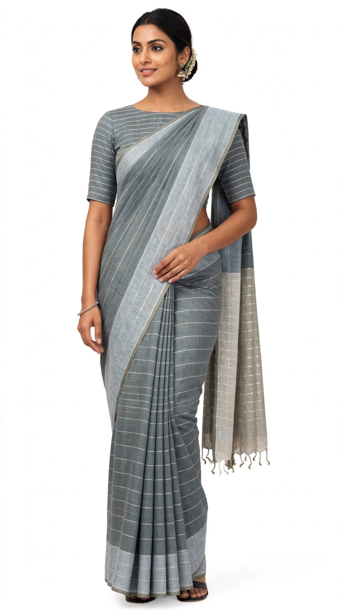Elegant Grey Striped Handloom Saree
