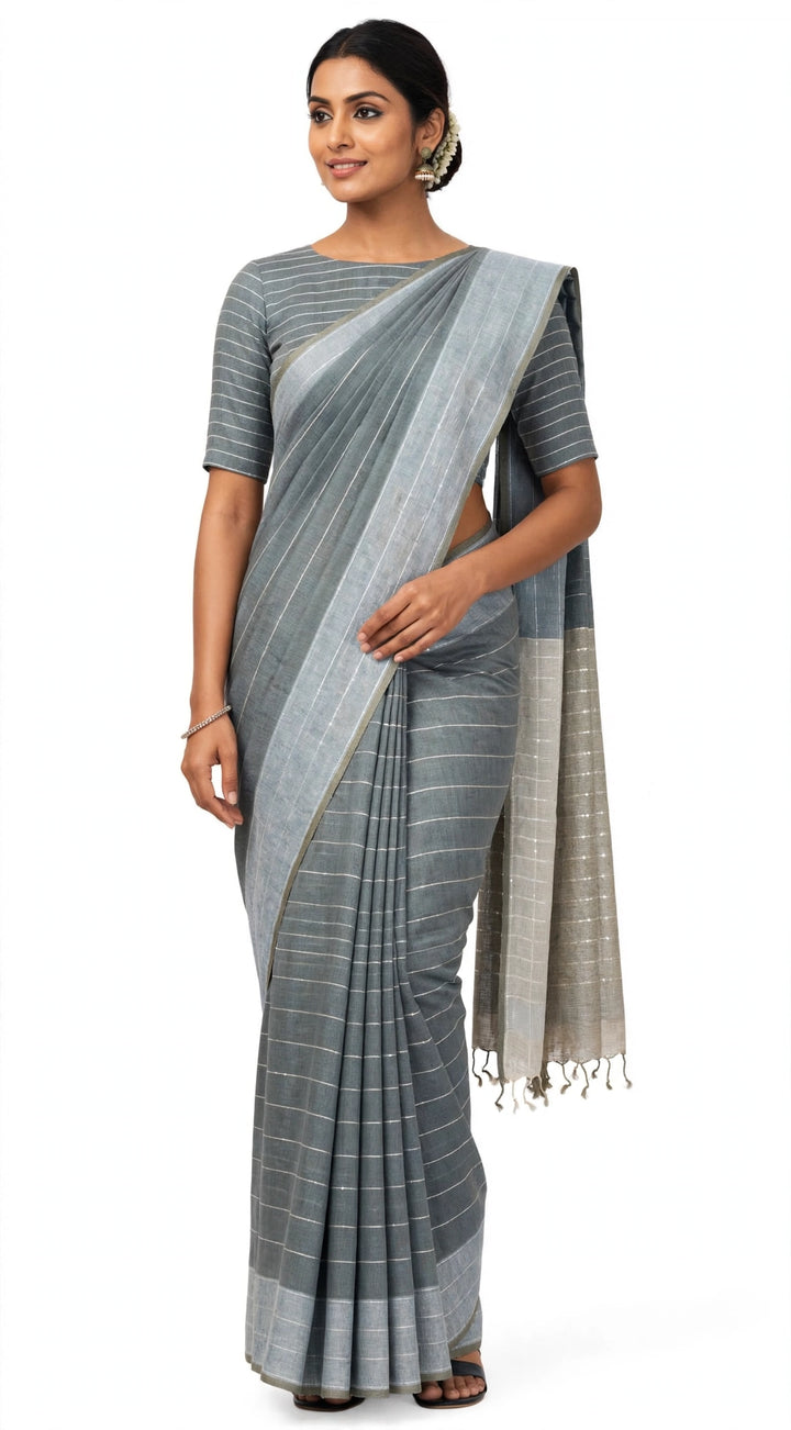 Elegant Grey Striped Handloom Saree