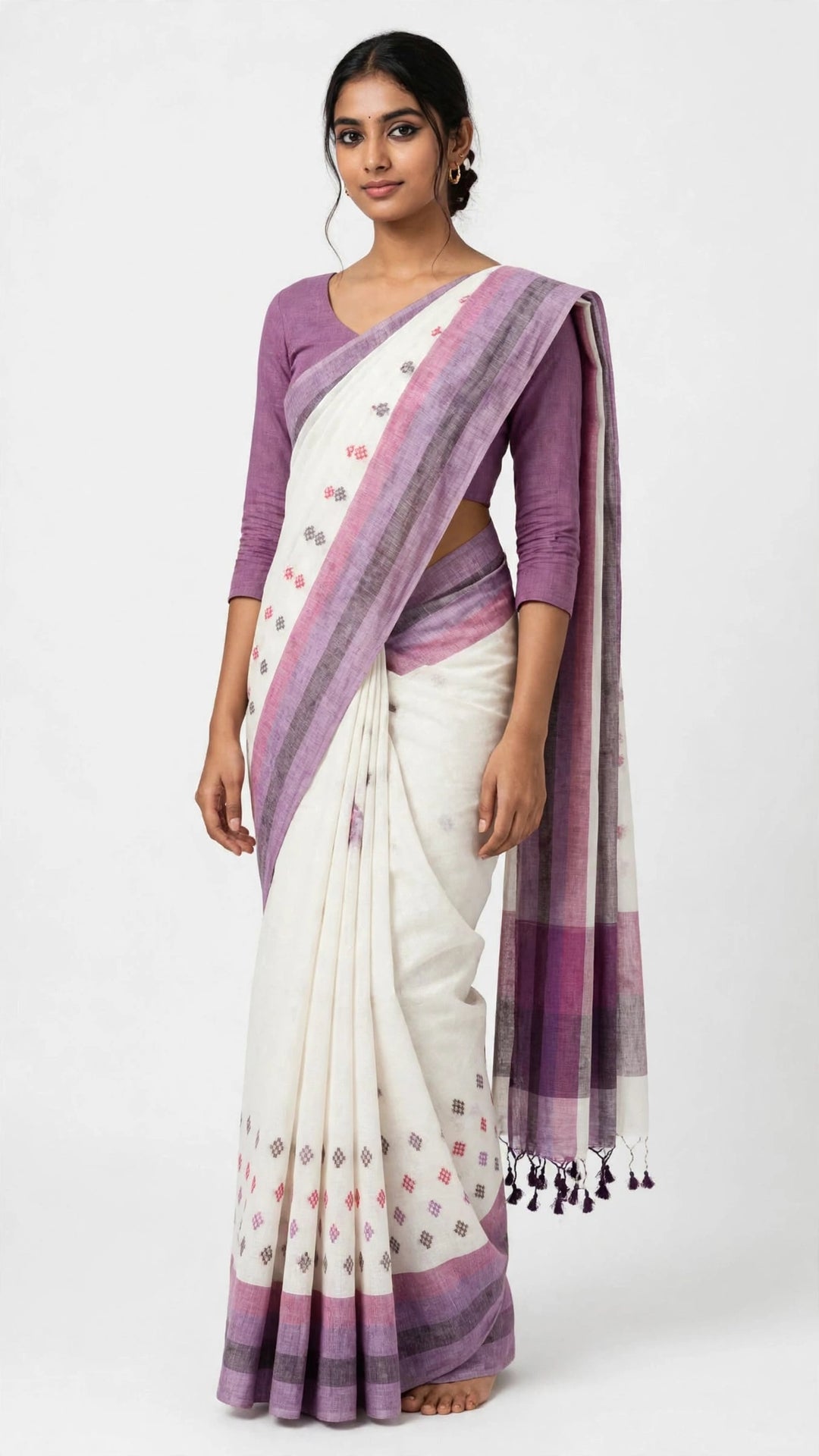 Elegant White &amp; Purple Handwoven Saree