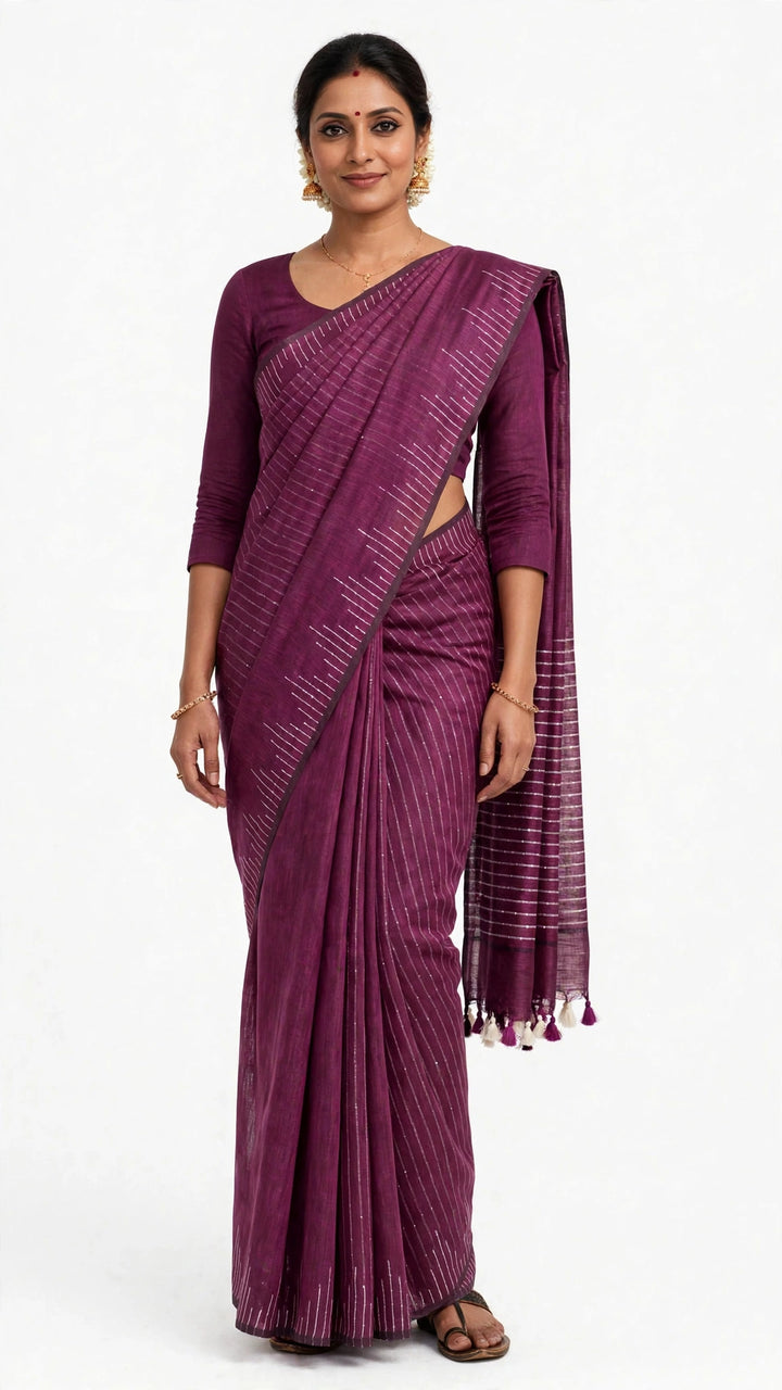 Elegant Wine Purple Striped Saree