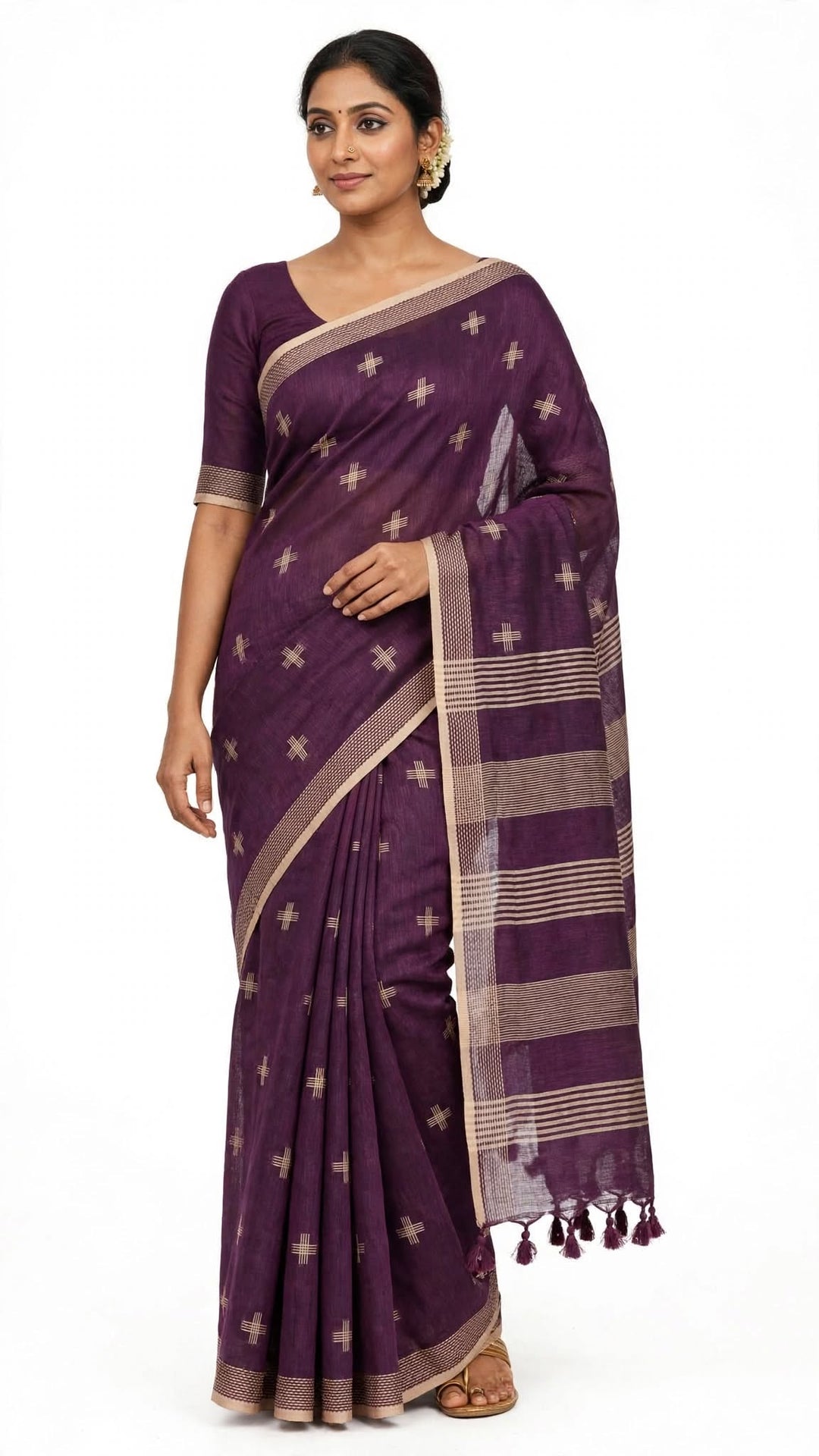 Deep Purple Handloom Saree with Gold Motifs &amp; Striped Pallu