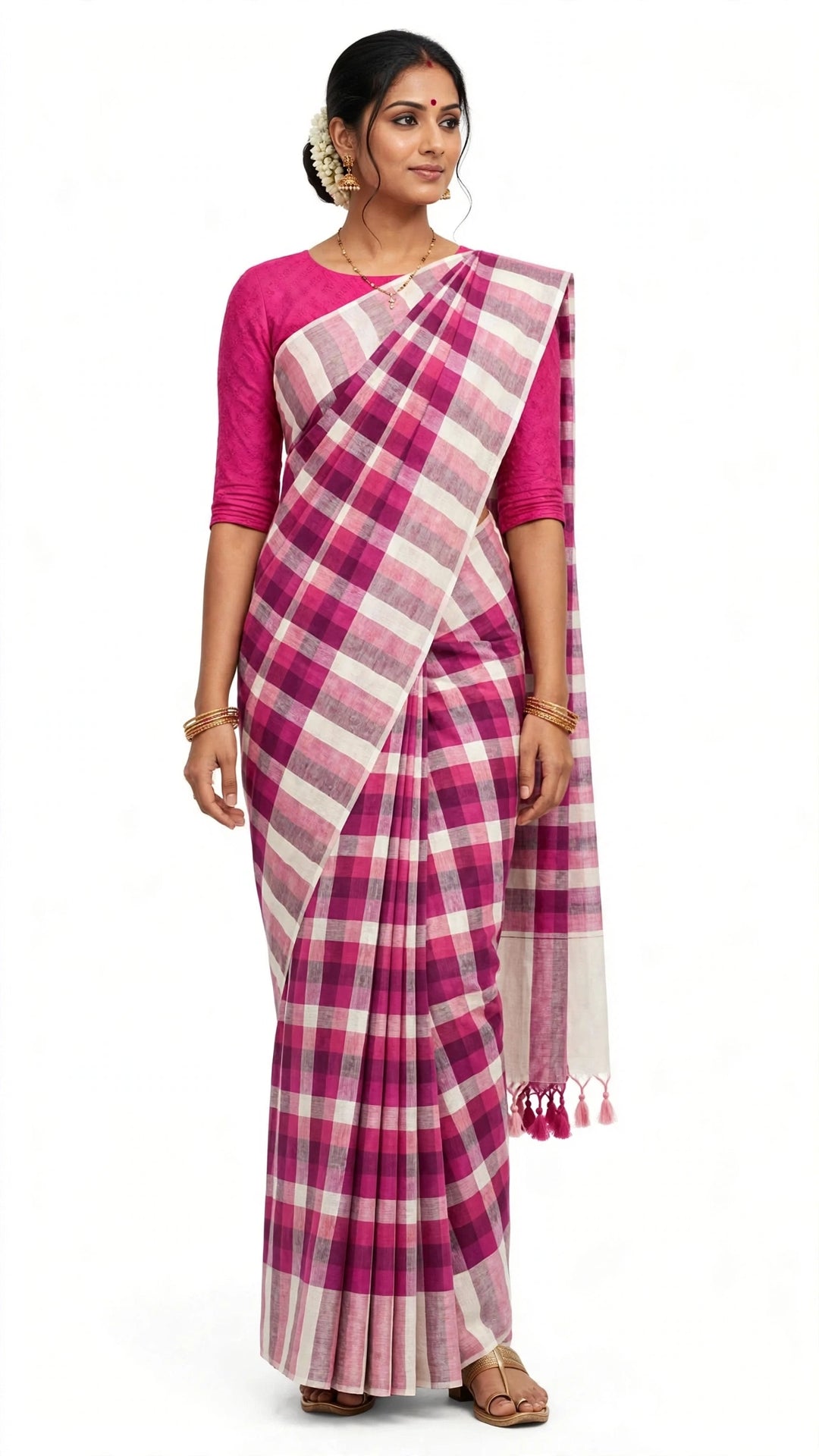 Pink &amp; White Checkered Handloom Saree with Tassel Pallu