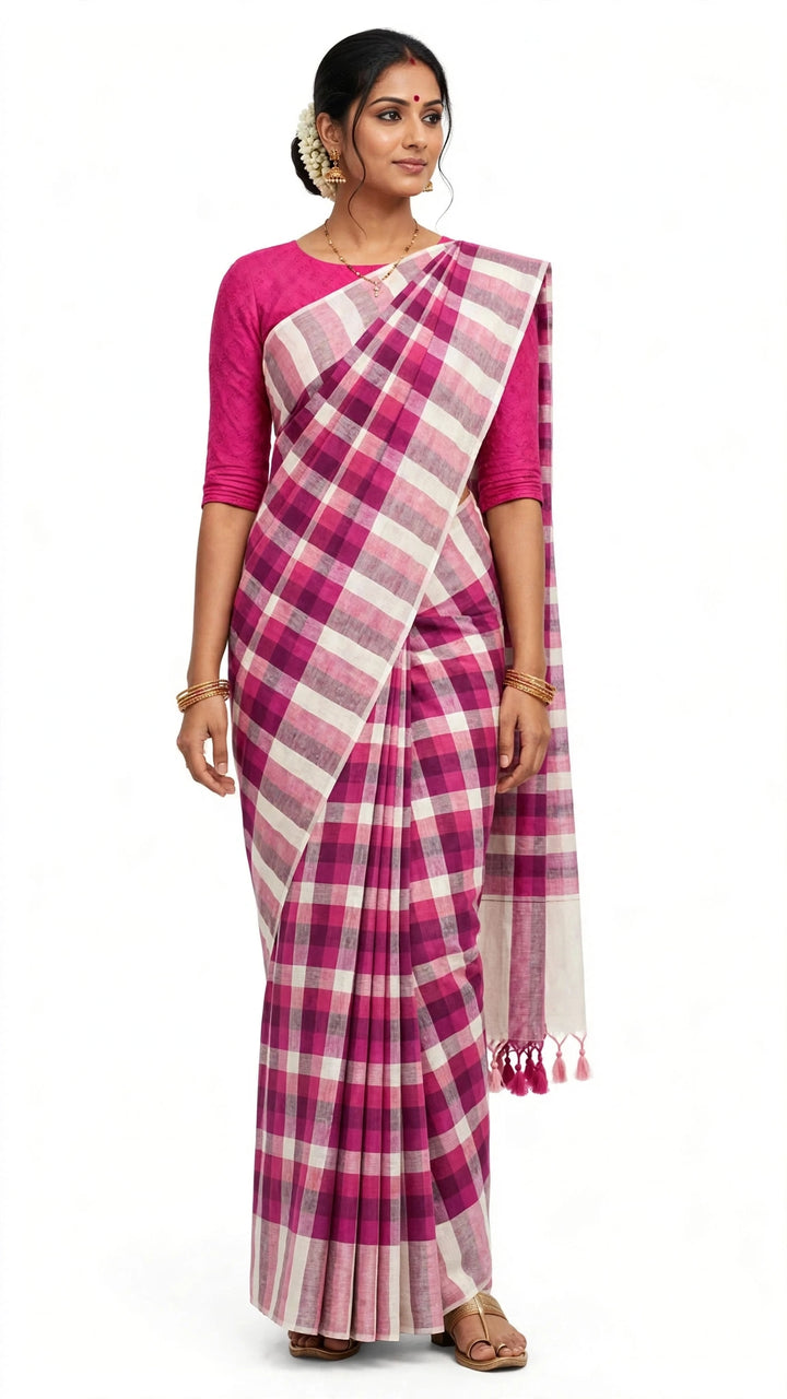 Pink &amp; White Checkered Handloom Saree with Tassel Pallu