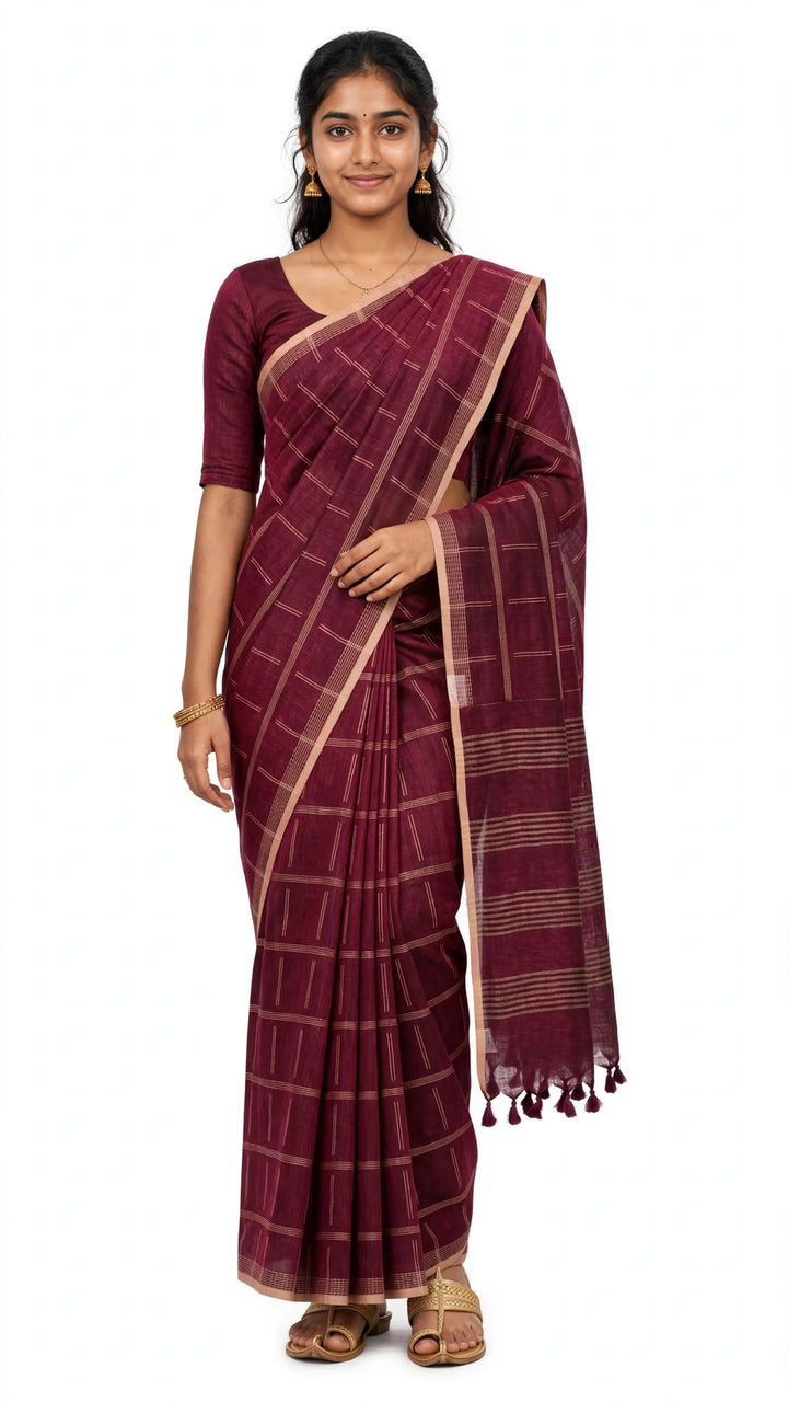 Wine Maroon Handloom Saree with Beige Stripes &amp; Tassel Pallu