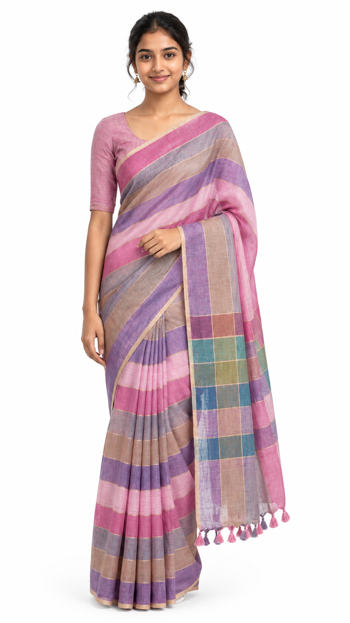 Pastel Pink &amp; Lavender Multicolor Striped Saree
