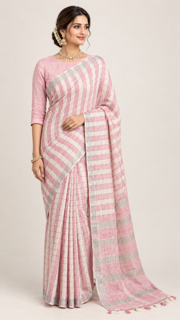 Pink White Checks Saree