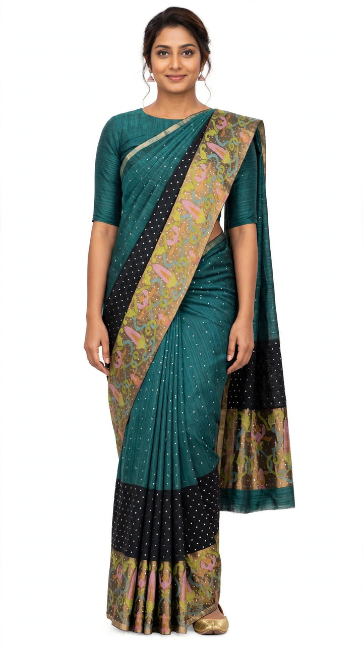 Teal Green Printed Border Saree