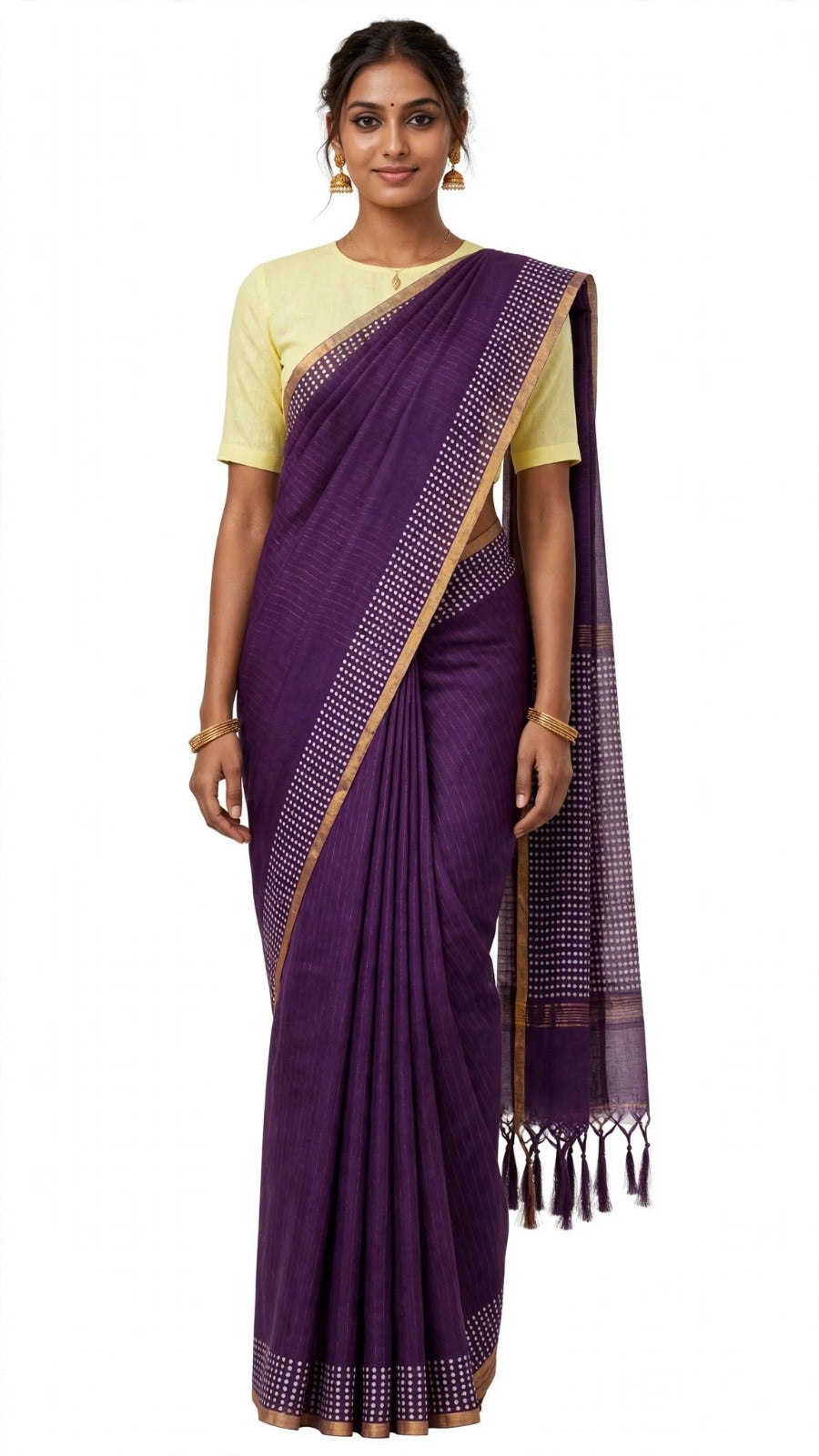 Purple Dotted Border Saree
