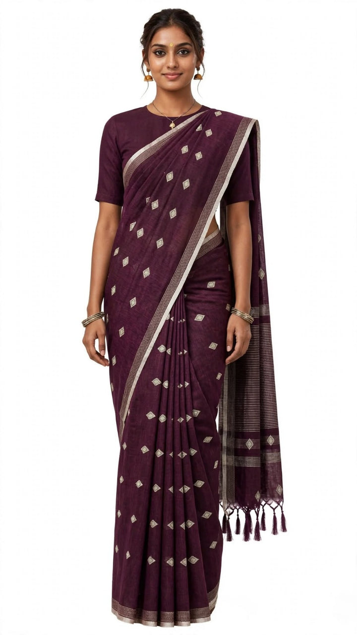 Wine Purple Silver Saree