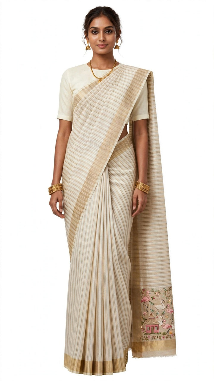 Ivory Beige Striped Printed Pallu Saree