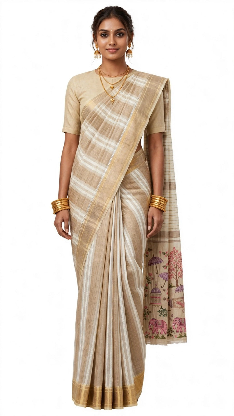 Beige Striped Printed Pallu Saree