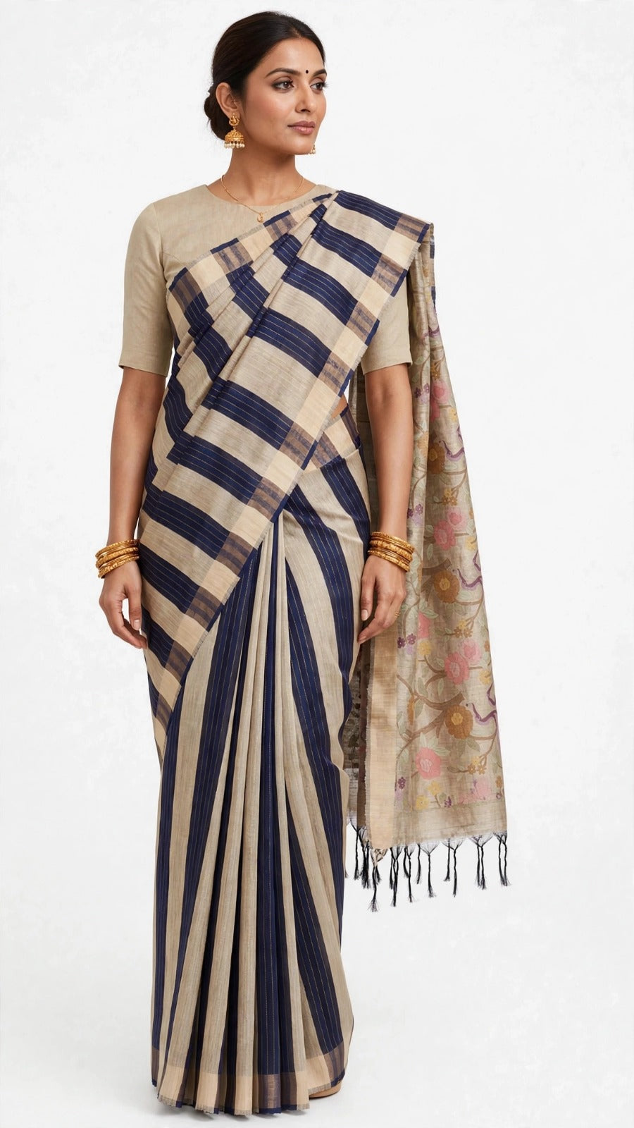 Elegant Navy Blue &amp; Beige Striped Saree