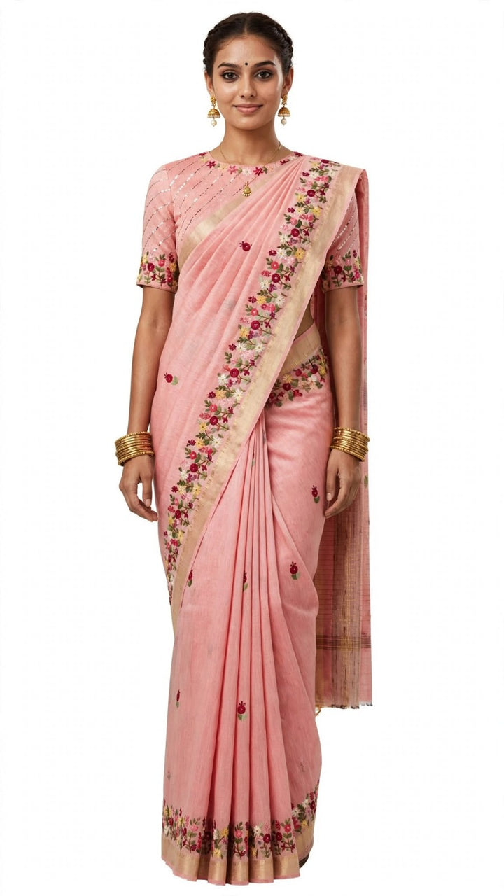Rani Pink Floral Embroidered Saree
