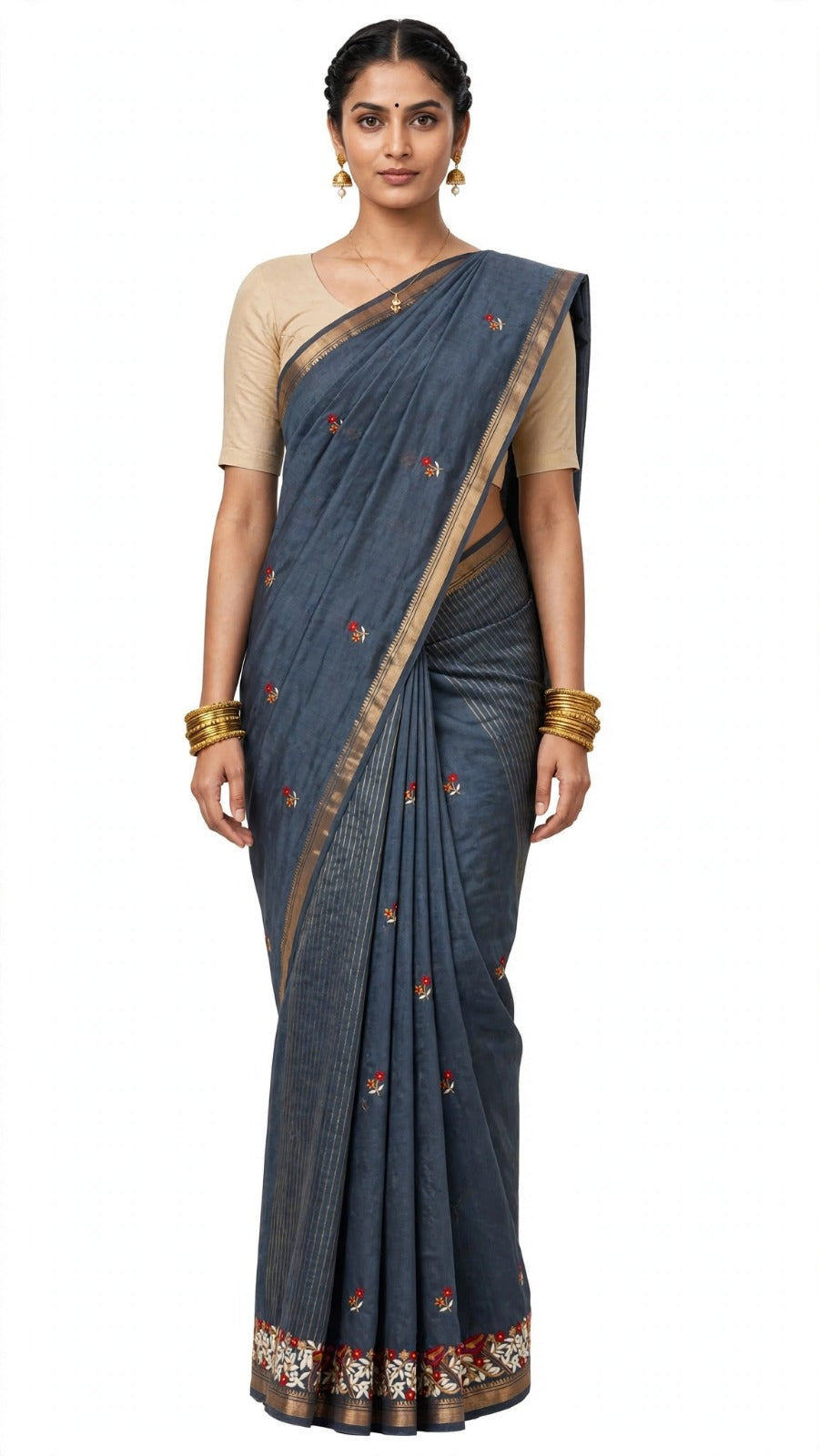 Slate Blue Floral Border Saree