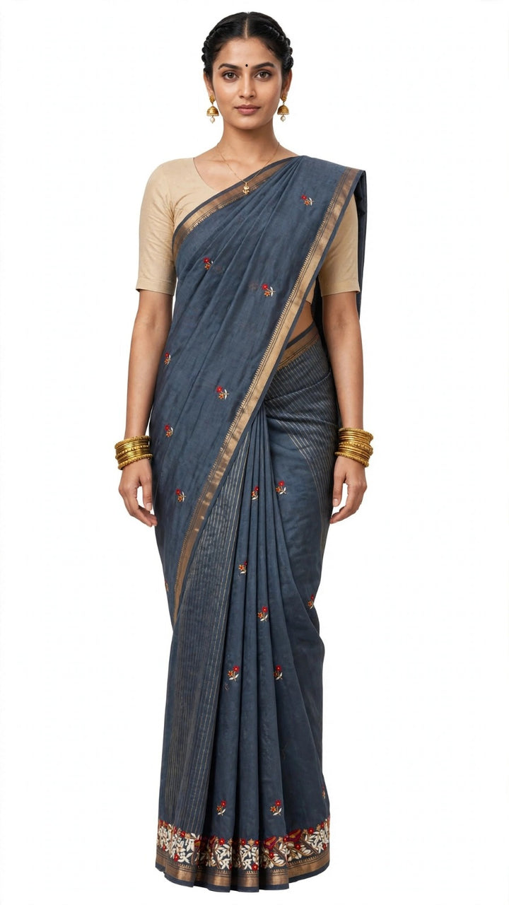 Slate Blue Floral Border Saree