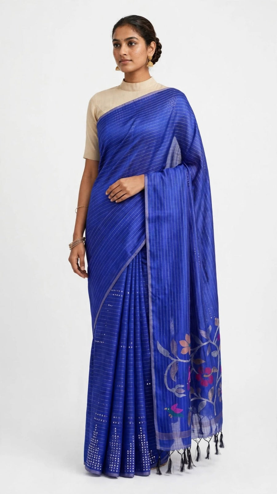 Royal Blue Striped Saree with Floral Designer Pallu