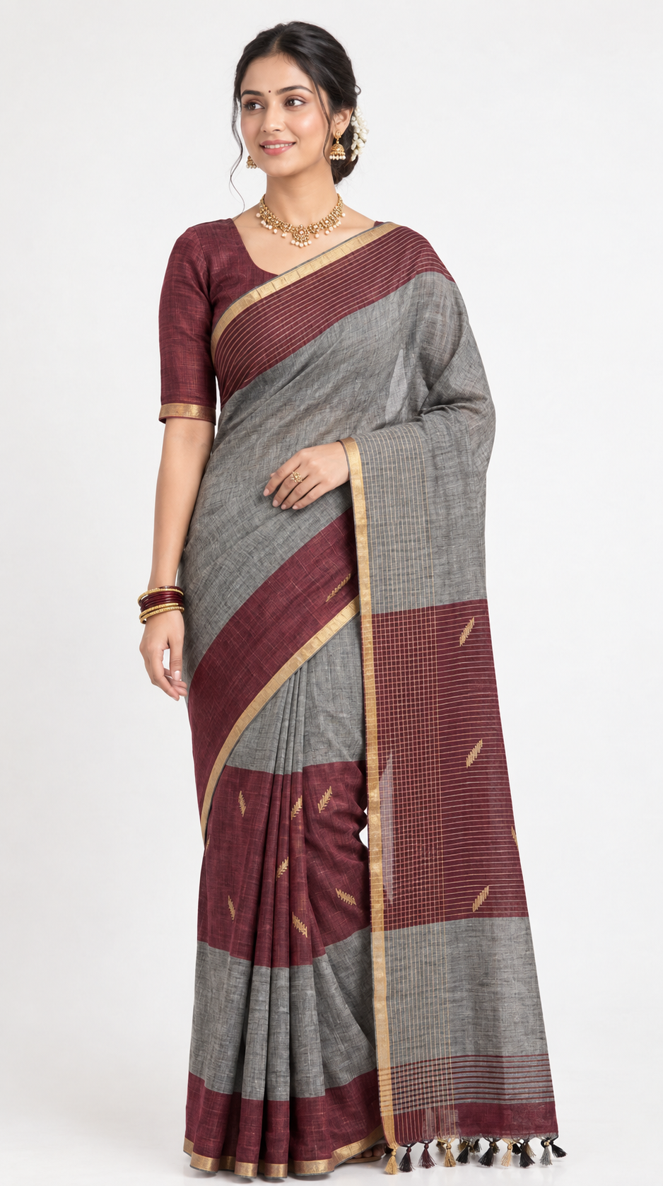 Maroon Grey Woven Zari Saree