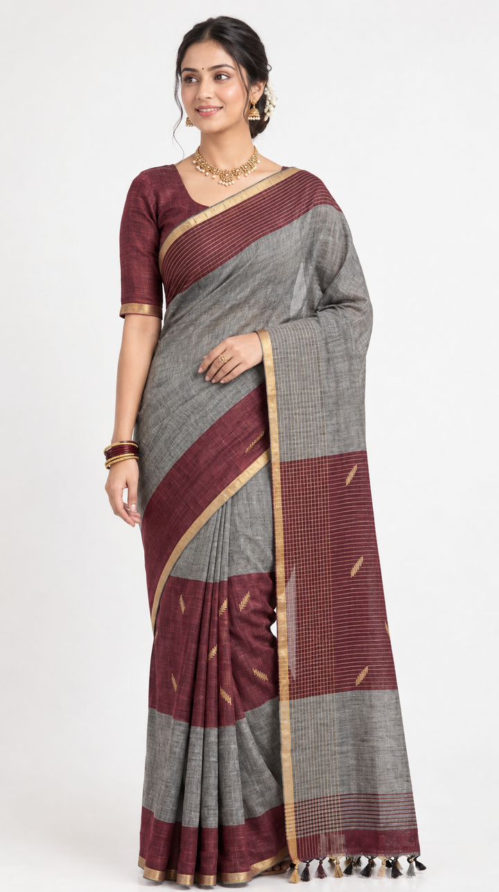 Maroon Grey Woven Zari Saree