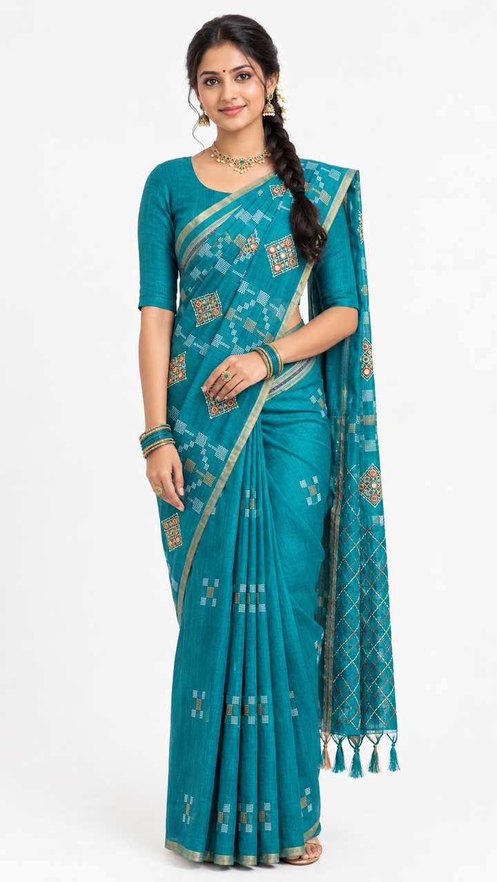 Teal Blue Geometric Printed Saree