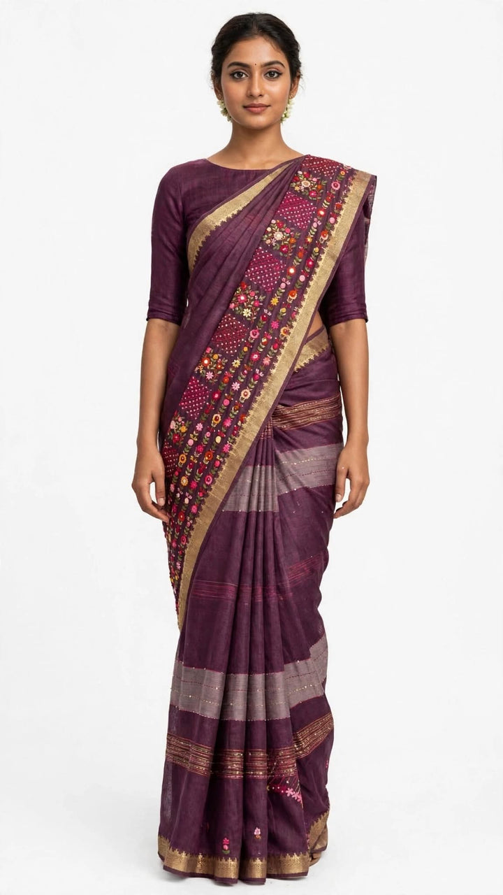 Wine Purple Floral Border Saree