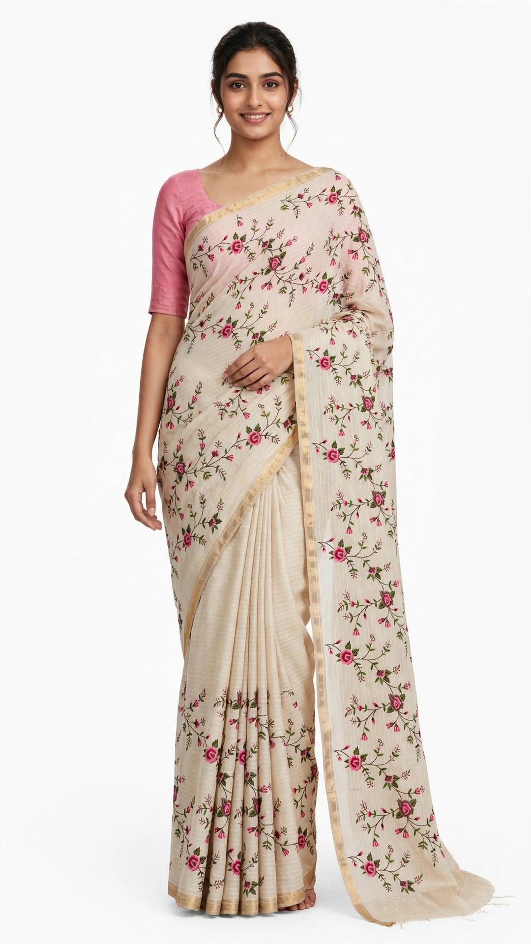 Cream Floral Embroidered Saree