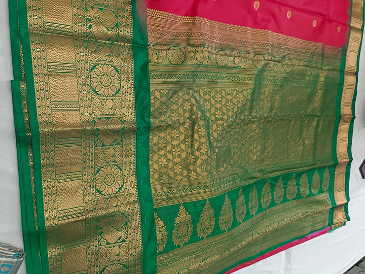 Tathastu Rani Pink &amp; Green Banarasi Zari Saree