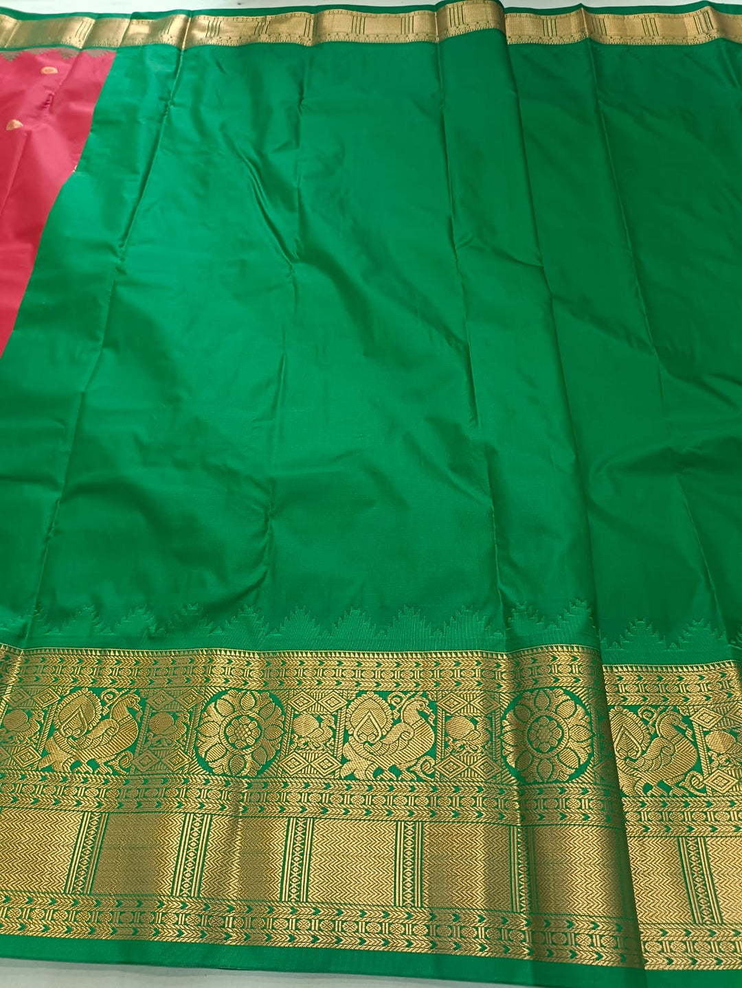 Tathastu Rani Pink &amp; Green Banarasi Zari Saree
