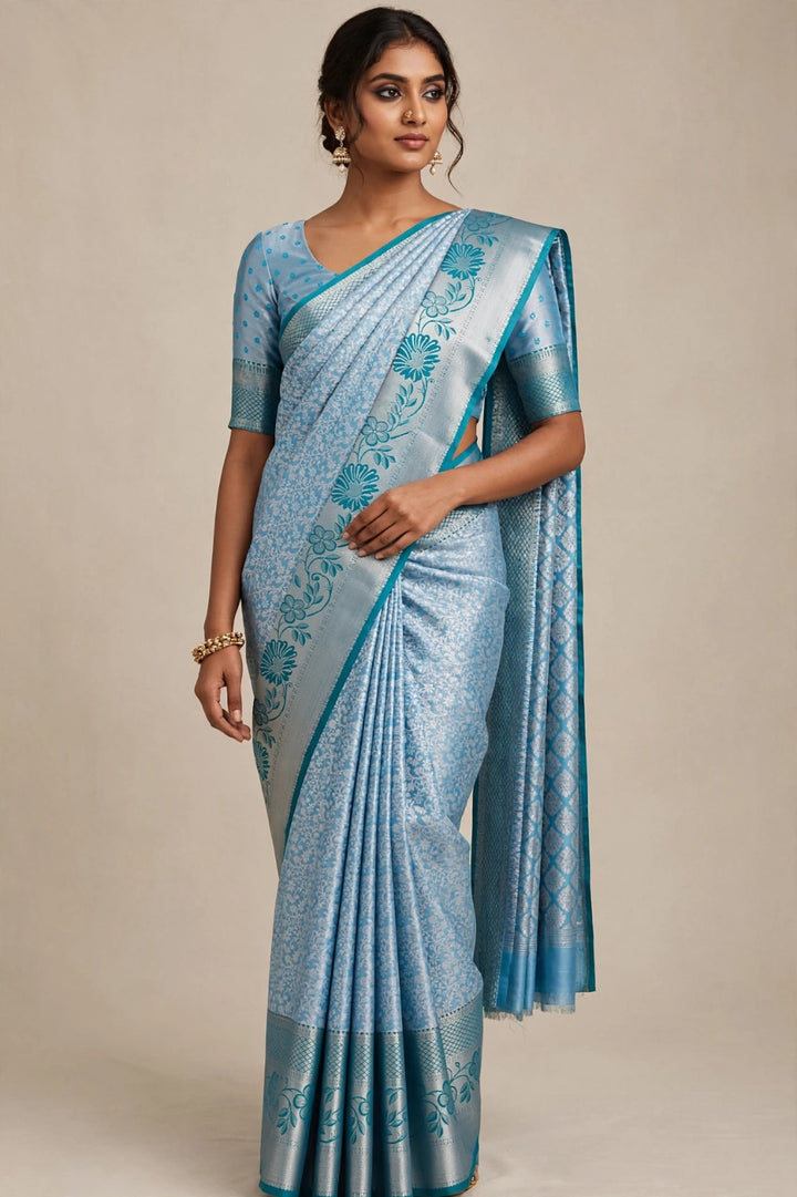 Tathastu Sky Blue Floral Jacquard Saree