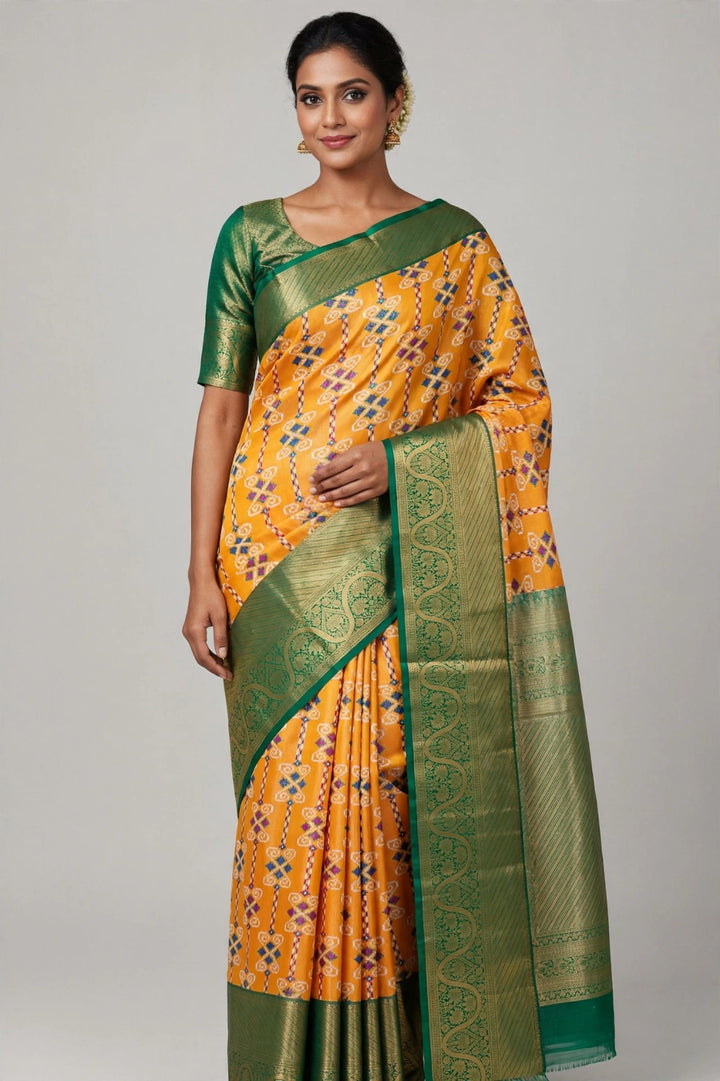Tathastu Mustard Yellow &amp; Green Traditional Woven Saree