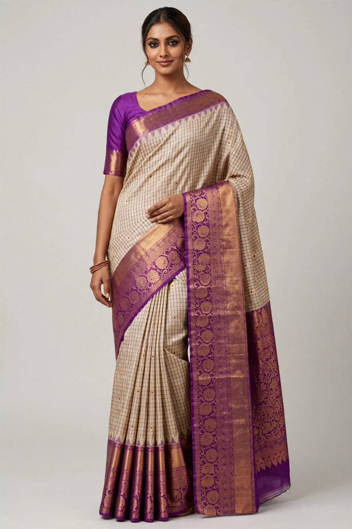 Tathastu Cream &amp; Purple Checks Zari Border Saree