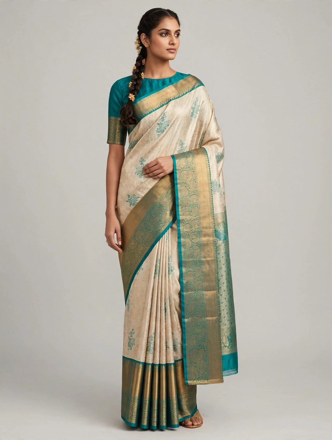 Tathastu Cream &amp; Teal Blue Floral Zari Border Saree