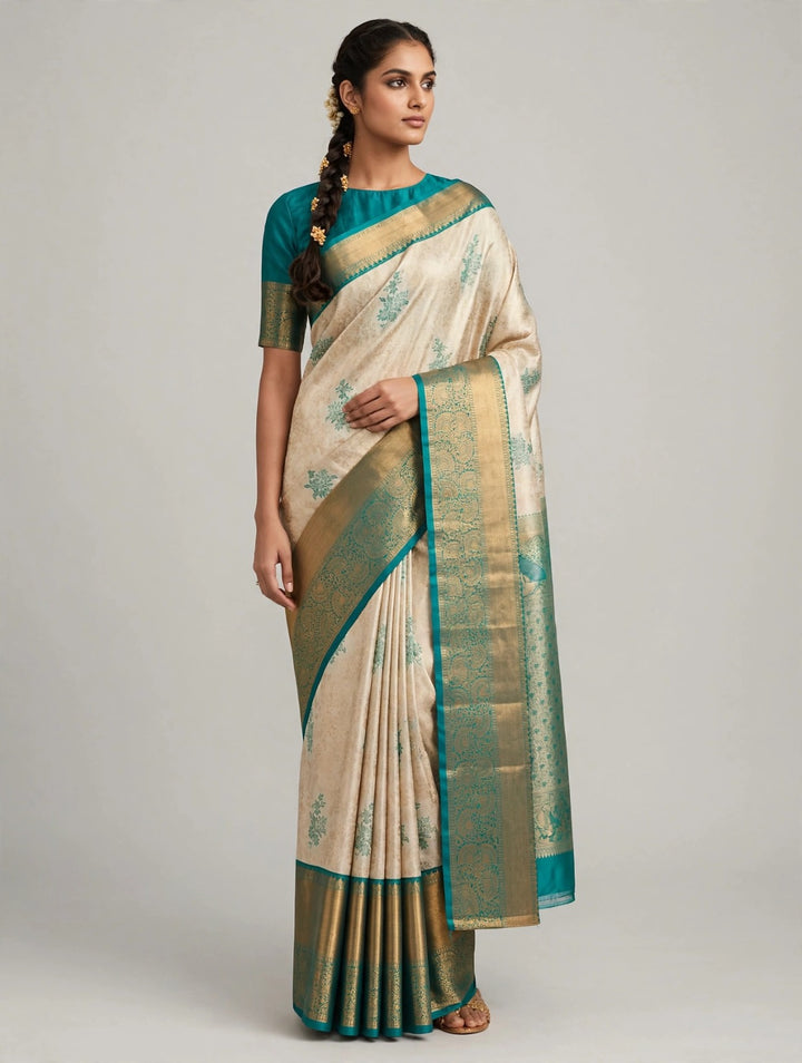 Tathastu Cream &amp; Teal Blue Floral Zari Border Saree