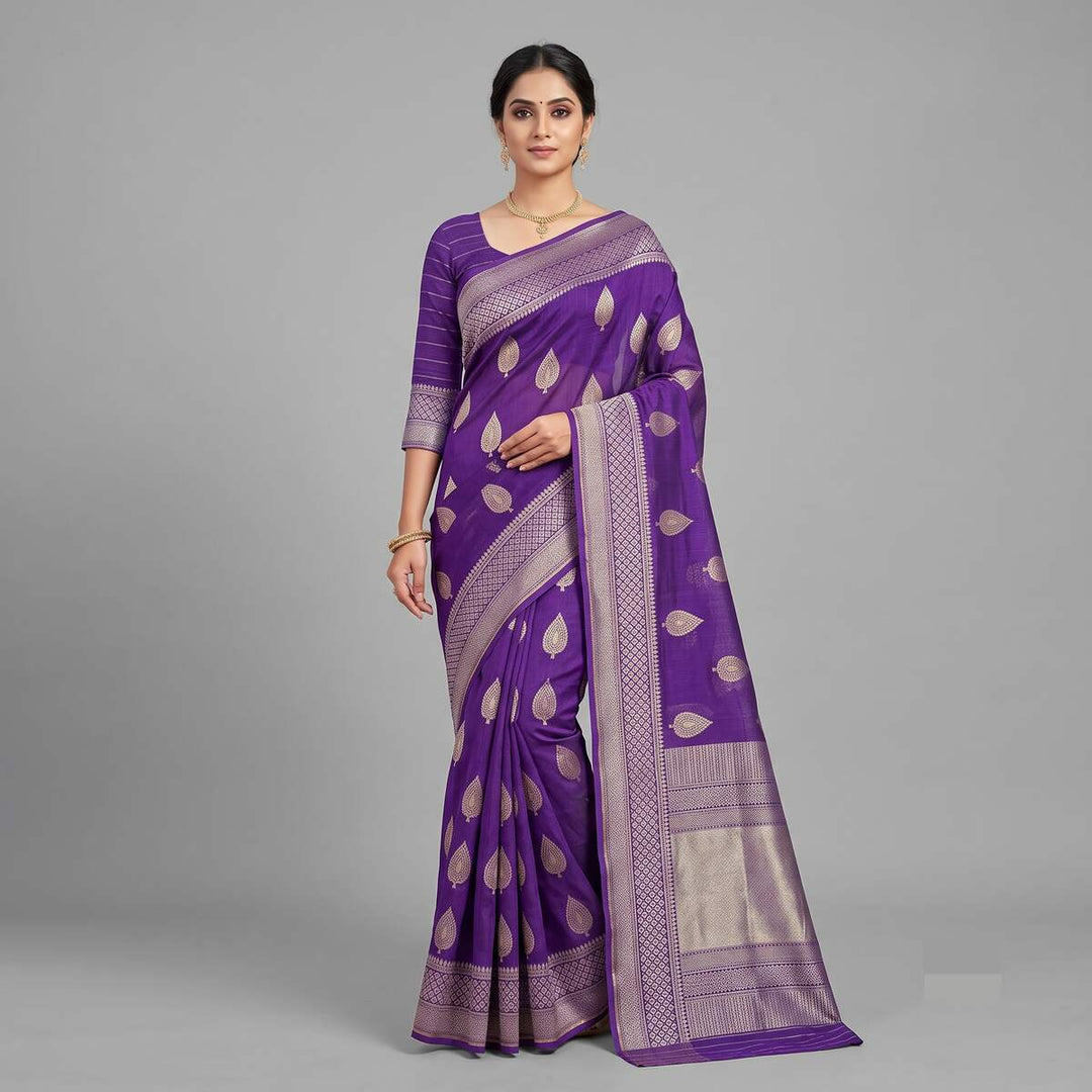 Tathastu Royal Purple Leaf Motif Zari Saree
