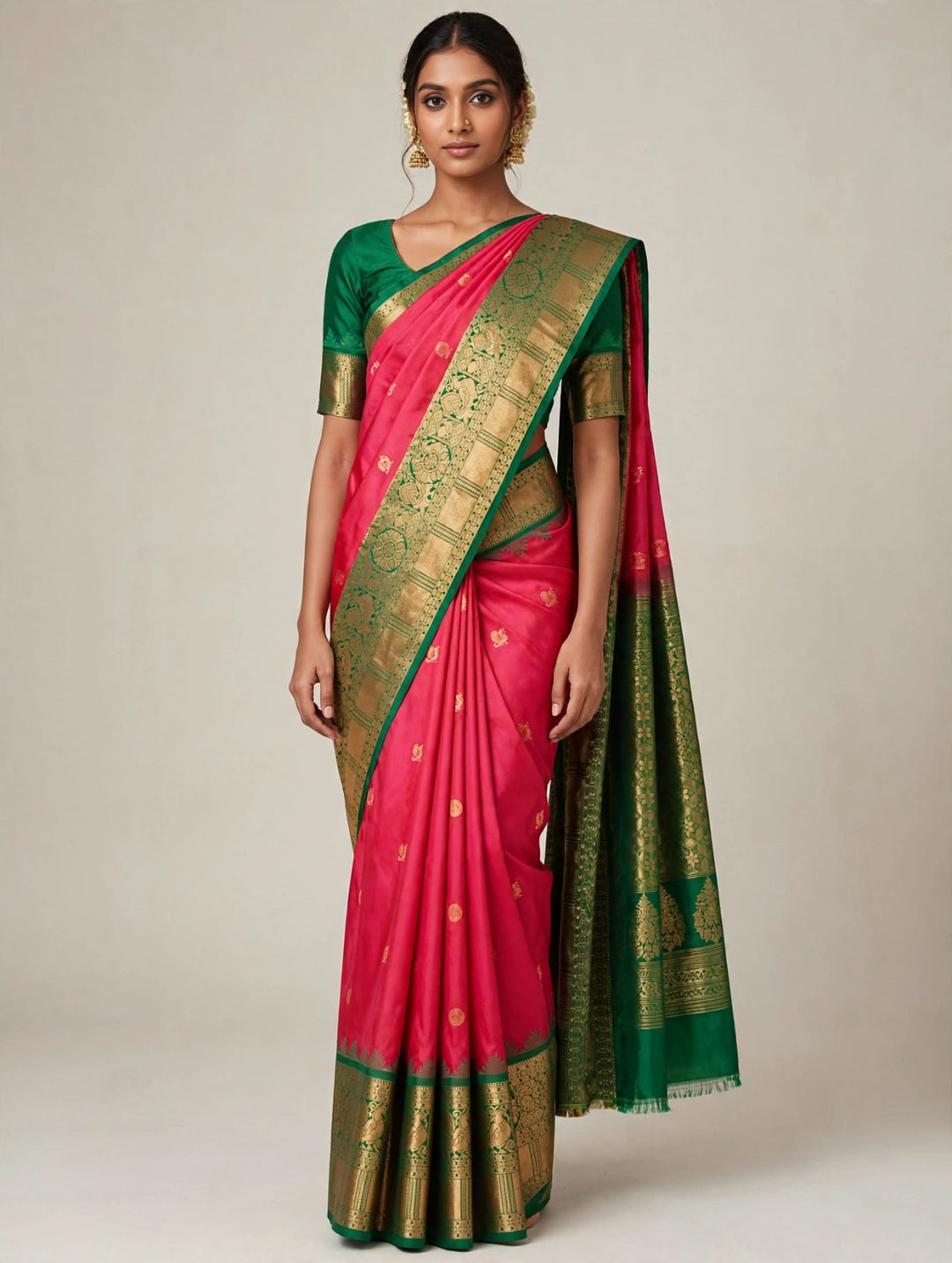 Tathastu Rani Pink &amp; Green Banarasi Zari Saree