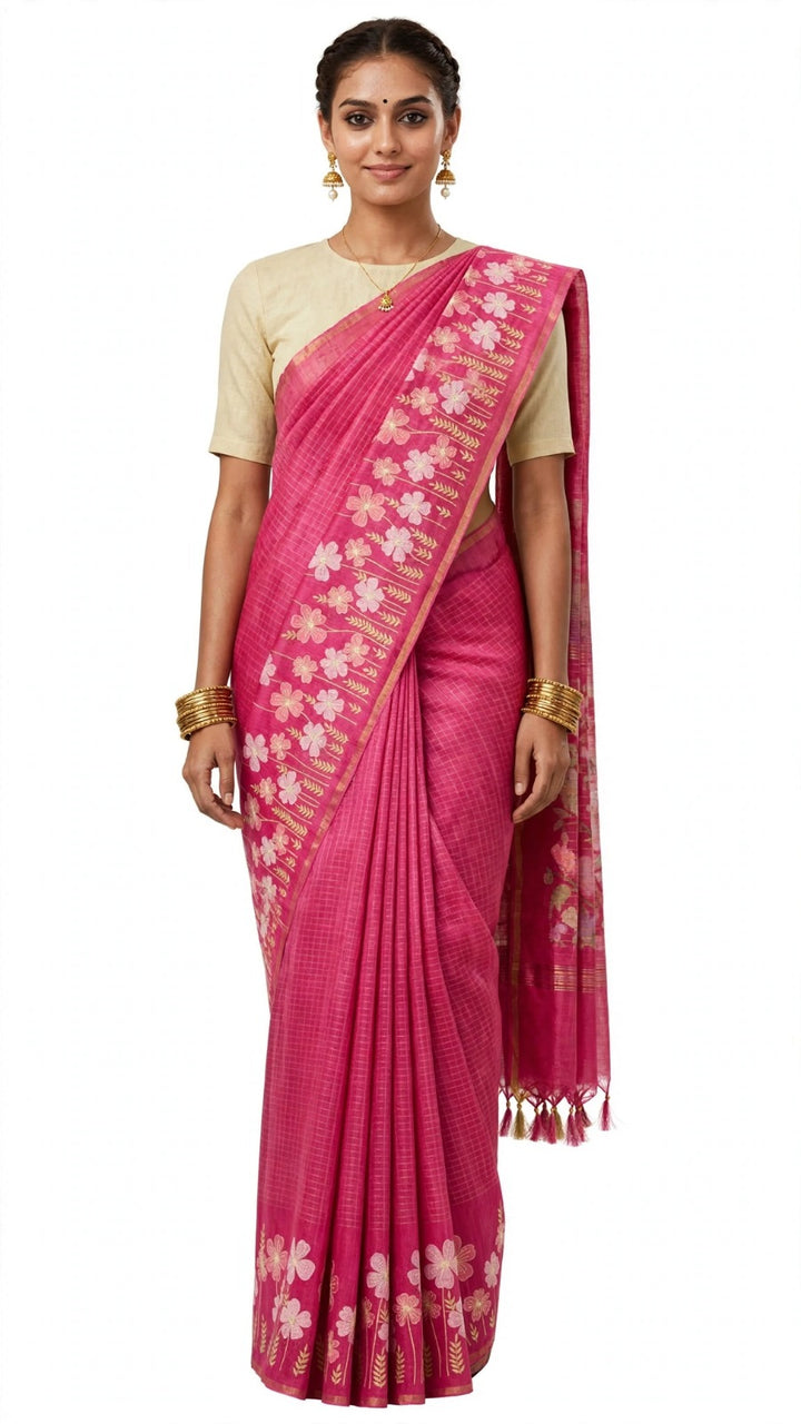Rani Pink Floral Zari Saree