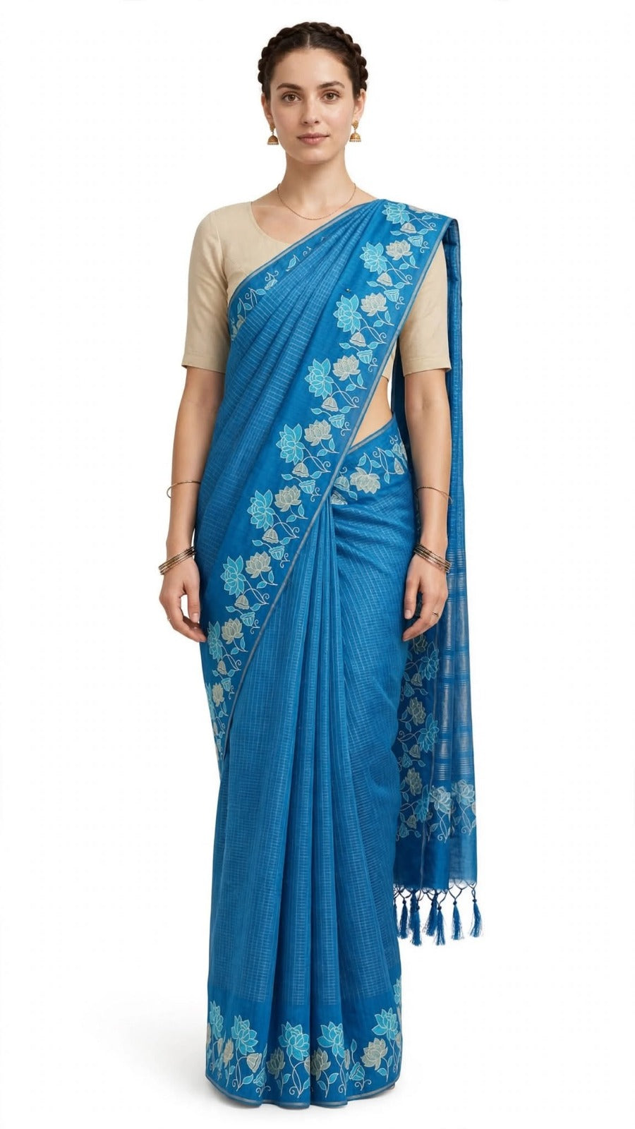 Royal Blue Lotus Floral Border Saree